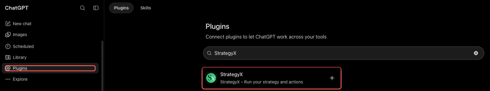 ChatGPT Plugins page with StrategyX typed in the search box and the StrategyX plugin highlighted