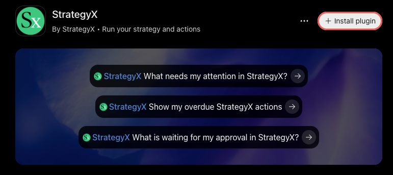 StrategyX plugin page in ChatGPT with the Install plugin button highlighted
