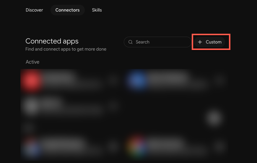 Gemini Connected apps page with the Custom button highlighted