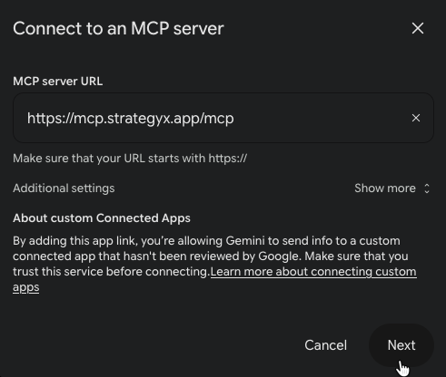 Gemini Connect to an MCP server window with the StrategyX server URL entered