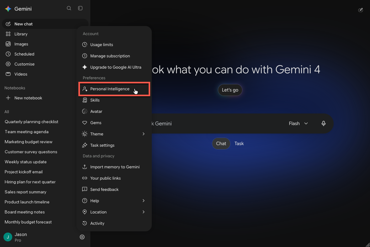 Gemini settings menu with the Personal Intelligence option highlighted