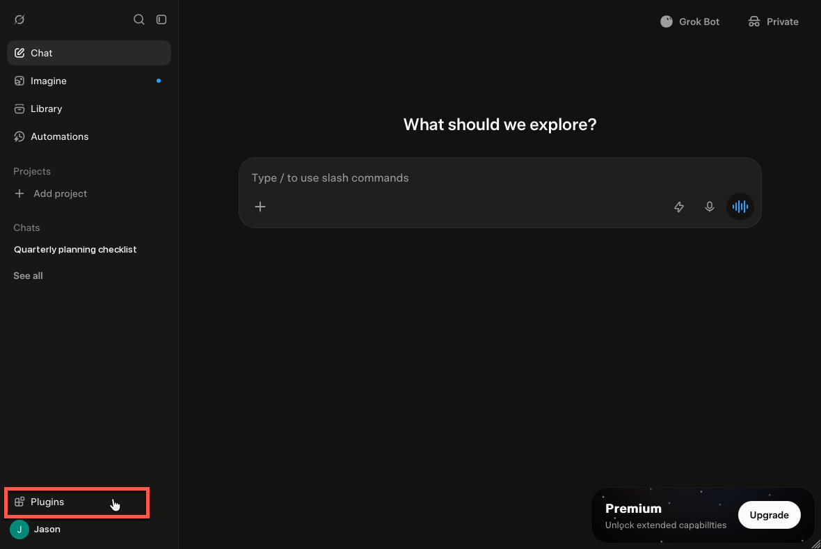 Grok sidebar with the Plugins option highlighted